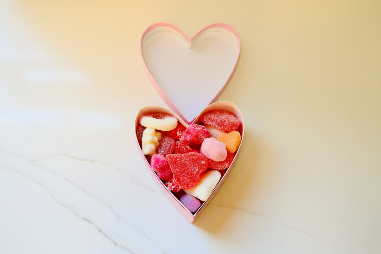 Heart-shaped box filled with colorful gummy candies